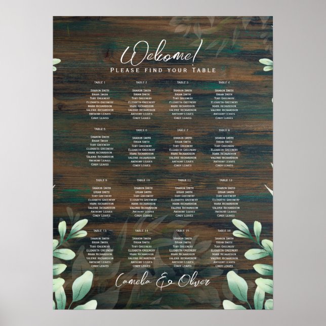 16 Bord Rustic Wood Greenery Eucalyptus SEATING P Poster (Framsidan)