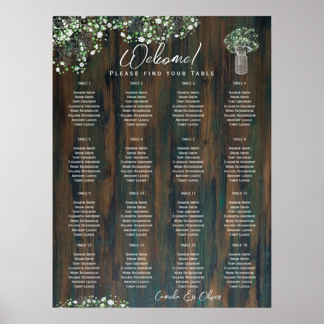 16 Bord Rustic Wood Gypsophila SEATING CHART Foam Poster (Framsidan)