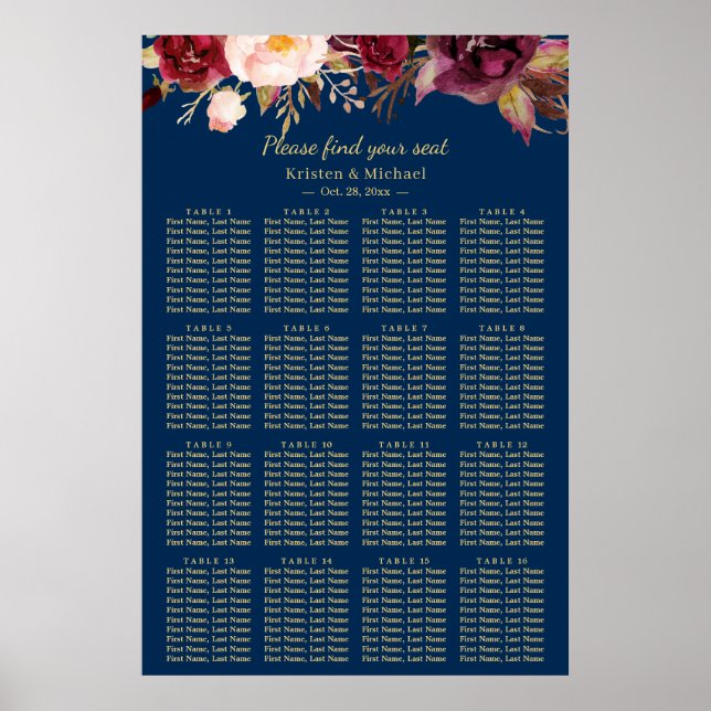 16 Bord sätesdiagram för Burgundy Blommigt Bröllop Poster (Framsidan)