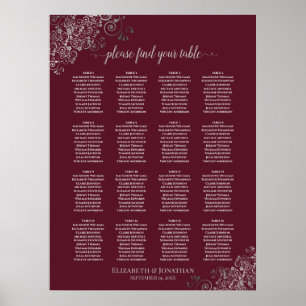 16 Bord Silver på sätesschemat för Burgundy Bröllo Poster