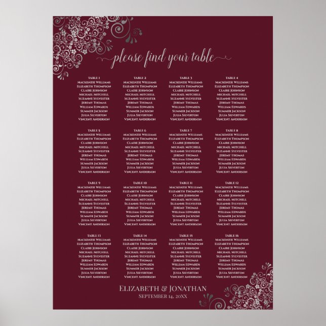 16 Bord Silver på sätesschemat för Burgundy Bröllo Poster (Framsidan)
