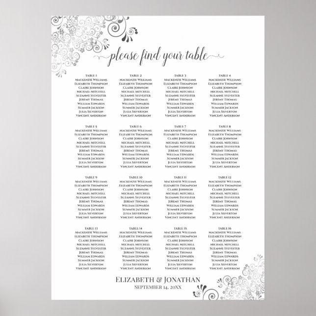 16 Bord Silver Snöre Bröllop, sätesdiagram vit Poster (Framsidan)