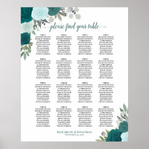 16 Bord Teal Boho Blommigt Bröllop Sittplatsdiagra Poster