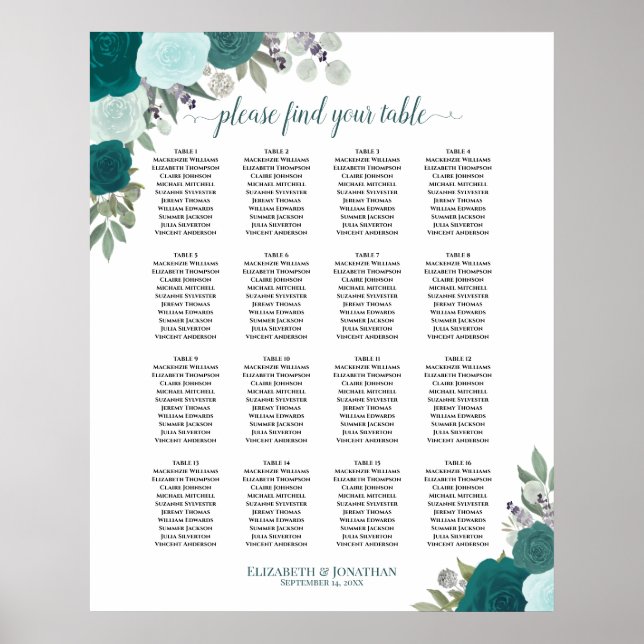 16 Bord Teal Boho Blommigt Bröllop Sittplatsdiagra Poster (Framsidan)