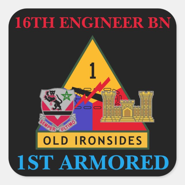 16:E BATTALION INGENJÖR 1:A ARMORED STICKERS FYRKANTIGT KLISTERMÄRKE (Framsida)