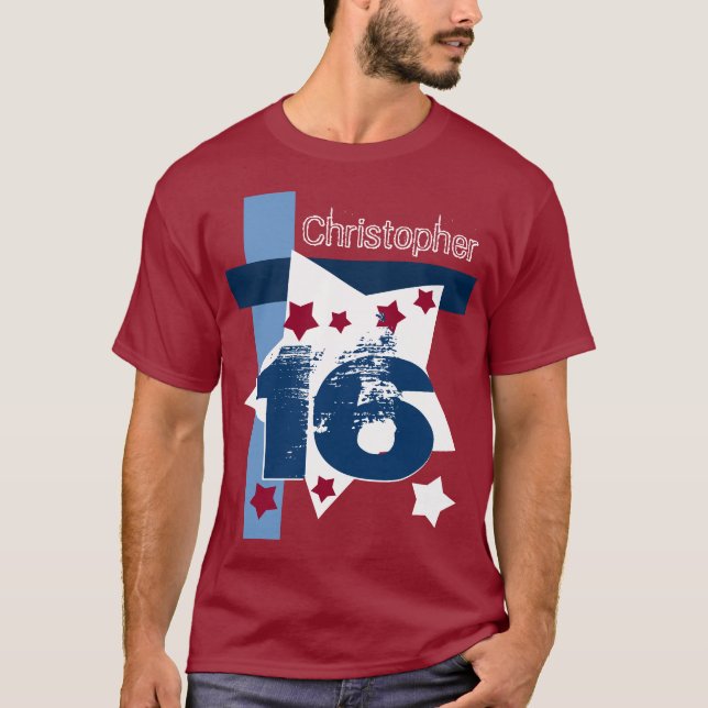 16:e BIRTHDAY RÖTT VITT BLÅTT Anpassningsbar År V1 T Shirt (Framsida)