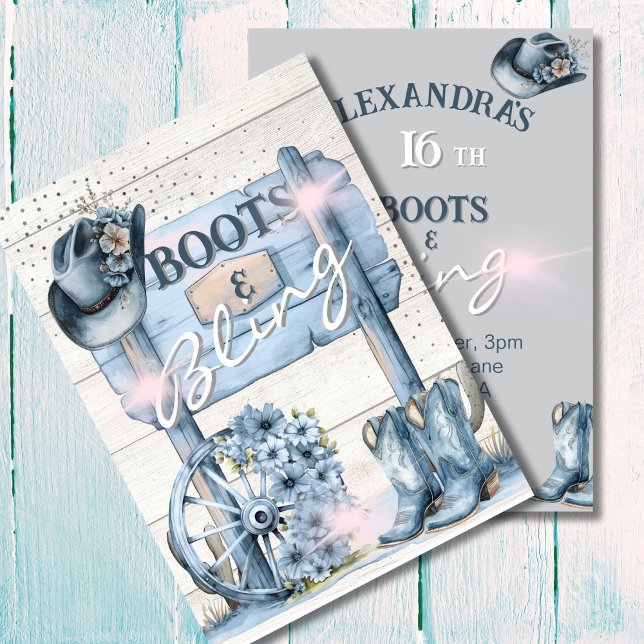 16:e Cowgirl Boots Bling Western Rosa Blue Inbjudningar (Skapare uppladdad)