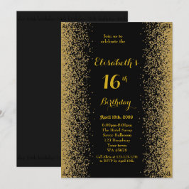 16:e,Födelsedag 16:e,Glitter,svart guld Inbjudningar