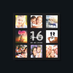 16:e födelsedag anpassningsbar fotokollage svart m canvastryck<br><div class="desc">En unik 16:e födelsedagspresent eller keepé som firar sitt liv med en kollage av 8 av dina foton. Lägg till bilder från hennes familj, vänner, sällskapsdjur, hobbieser eller drömresmål. Anpassa och lägg till namn, 16 år och ett datum. Grått och vit färgad brev. Chicens svarta bakgrund. Den här arbetsytan finns...</div>