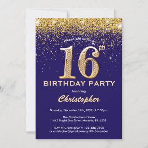 16:e födelsedag Blått och Guld Glitter Konfetti Inbjudningar
