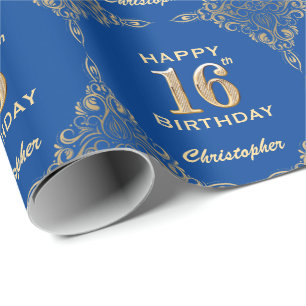 16:e födelsedag Blått och Guld Glitter Ram Presentpapper