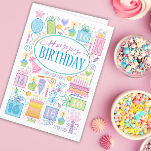 16:e födelsedag: Bright Pastel-ikoner på blåkort Kort