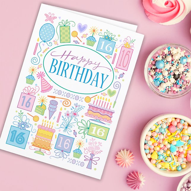 16:e födelsedag: Bright Pastel-ikoner på blåkort Kort (Skapare uppladdad)