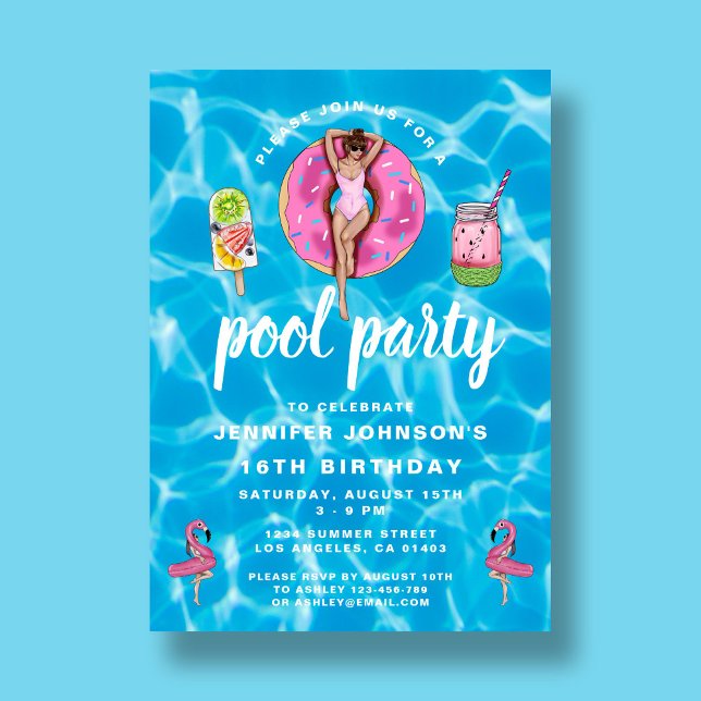 16:e födelsedag Cute Rosa, sommartid, Bassäng Part Inbjudningar (16th Birthday Cute Pink Summer Pool Party Invitation)