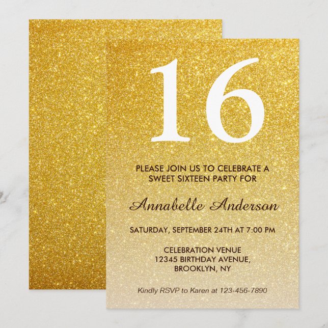 16:e födelsedag Elegant Gult Guld Glitter Ombre Inbjudningar (Fram/baksida)