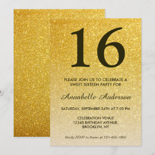16:e födelsedag Eleganten Black Guld Glitter Ombre Inbjudningar