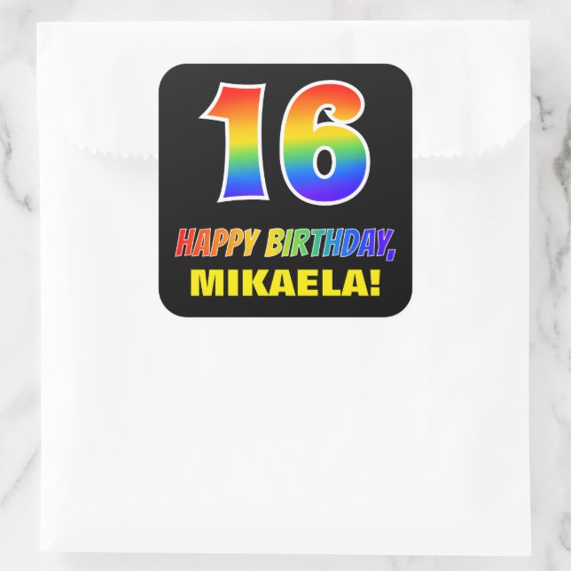 16:e födelsedag: fetstil, Roligt, enkel, regnbåge  Fyrkantigt Klistermärke (Väska)