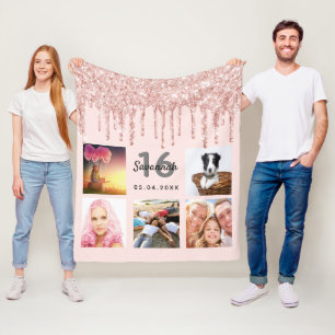 16:e födelsedag foto ro guld glitter rosa fleecefilt