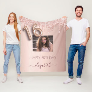 16:e födelsedag foto ro guld glitter rosa fleecefilt
