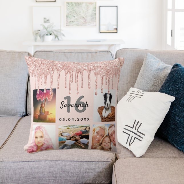 16:e födelsedag foto ro guld glitter  rosa kudde (Skapare uppladdad)