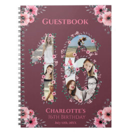 16:e födelsedag Fotokollage Rosa Flower Guest Bok Anteckningsbok