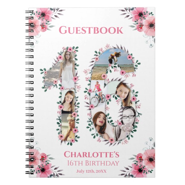 16:e födelsedag Fotokollage Rosa Flower Guest Bok Anteckningsbok (Framsidan)