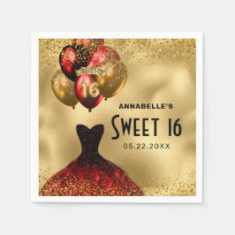 16:e födelsedag Guld Glitter Red Dress Sweet 16 Pappersservett