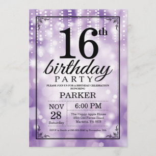 16:e födelsedag Inbjudan till Lila Glitter