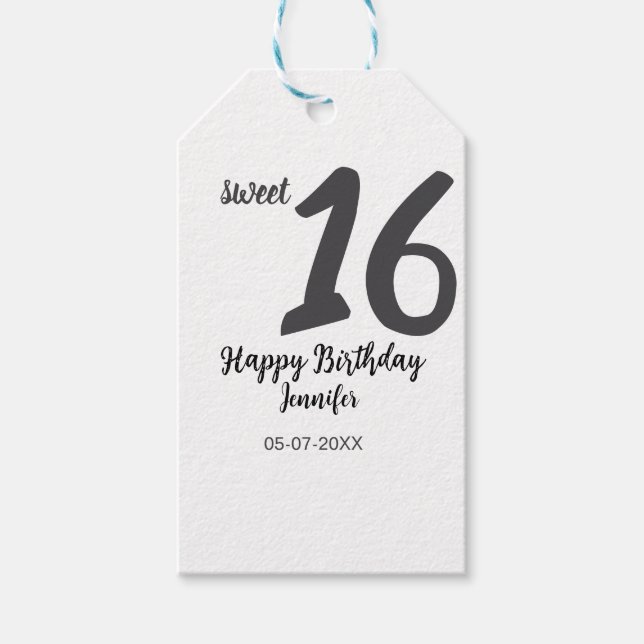 16:e födelsedag lägg till svart mall för namn-datu presentetikett (Framsidan)
