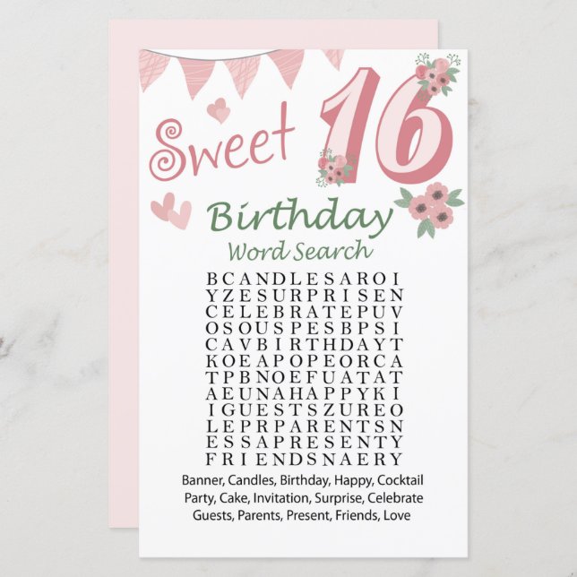 16:e födelsedag med sökspelet Ord (Fram/baksida)