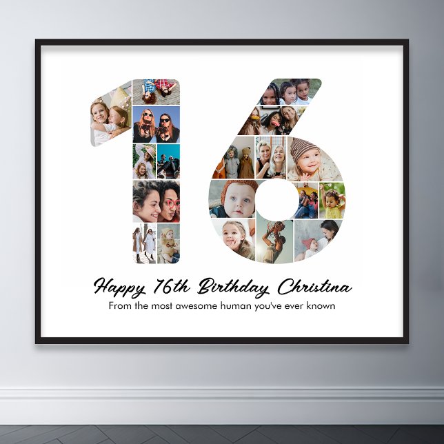 16:e födelsedag nummer 16 Fotokollage Bild Poster (16th birthday number 16 photo collage)