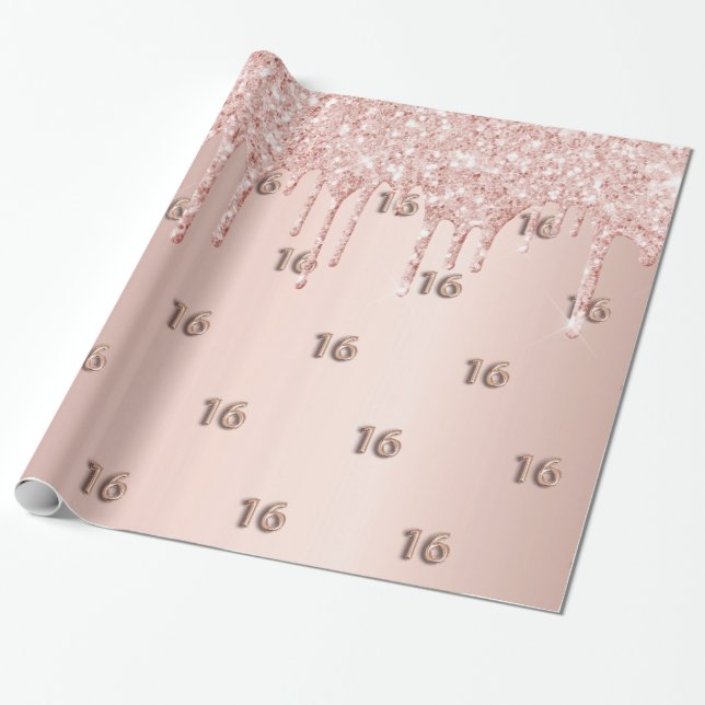 16:e födelsedag ro guld glitter droppar rosa presentpapper (Utrullad)