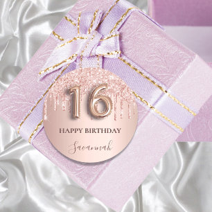 16:e födelsedag ro guld glitter rosa-ballong stil runt klistermärke