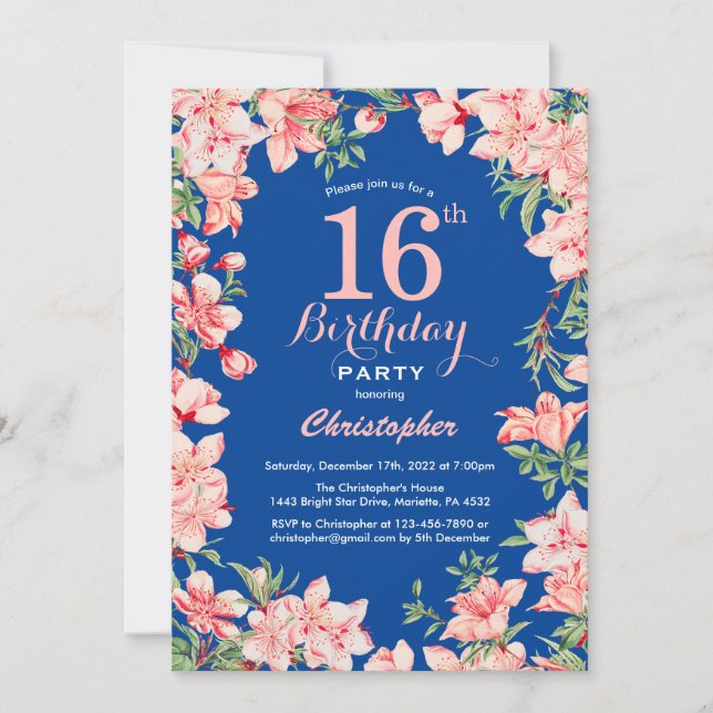 16:e födelsedag Rosa Blommigt Blå blommor Inbjudningar (Framsida)