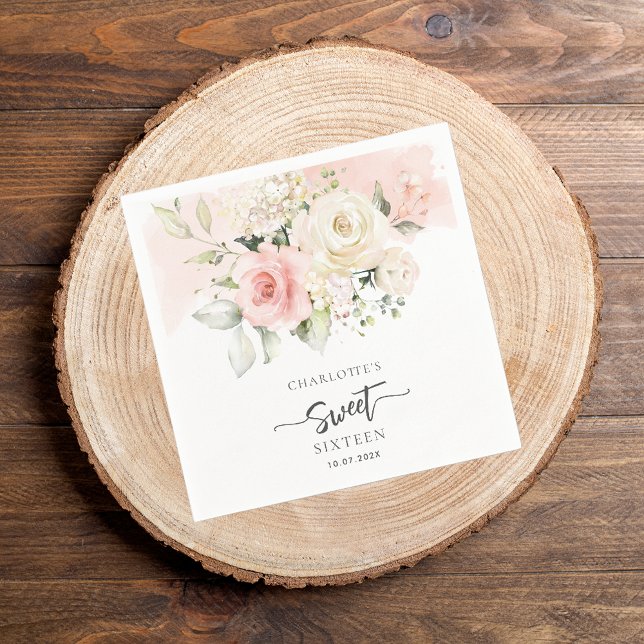 16:e födelsedag Rosa Blommigt Party Papper Pappersservett (Pink Floral Sweet 16th Birthday Paper Napkin)