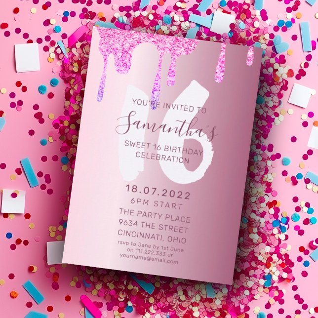 16:e födelsedag Rosa Glitter & Metallic Party Inbjudningar (Skapare uppladdad)
