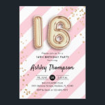 16:e födelsedag - Rosa Rand Guld Inbjudningar<br><div class="desc">Söt 16:e födelsedagsfest inbjudan. Utformning av eleganten i Faux glitter guld med rosa och vitt rand. Inbjudan-kort med guld nummer 16-ballonger,  skriptteckensnitt med konetti. Perfekt för en snyggt sweet sixteen bday firande. Berätta om du behöver anpassningsbarnas ålder.</div>
