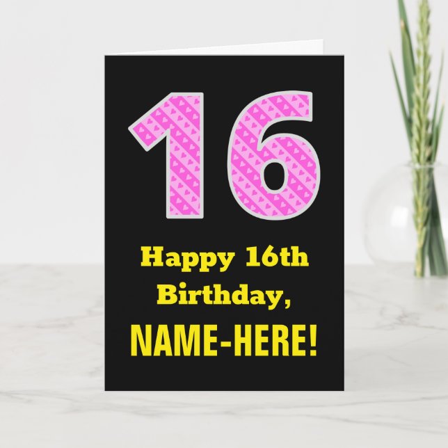 16:e födelsedag: Rosa Rand och hjärtan 16 + Namn Kort (Framsida)