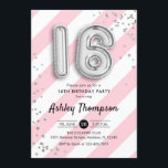 16:e födelsedag - Rosa Rand och Silver Inbjudningar<br><div class="desc">Söt 16:e födelsedagsfest inbjudan. Utformning av eleganten i Faux glitter silver med rosa och vitt rand. Inbjudan-kort med silver nummer 16-ballonger,  skriptteckensnitt med konetti. Perfekt för en snyggt sweet sixteen bday firande. Berätta om du behöver anpassningsbarnas ålder.</div>