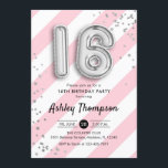 16:e födelsedag - Rosa Rand och Silver Inbjudningar<br><div class="desc">Söt 16:e födelsedagsfest inbjudan. Utformning av eleganten i Faux glitter silver med rosa och vitt rand. Inbjudan-kort med silver nummer 16-ballonger,  skriptteckensnitt med konetti. Perfekt för en snyggt sweet sixteen bday firande. Berätta om du behöver anpassningsbarnas ålder.</div>