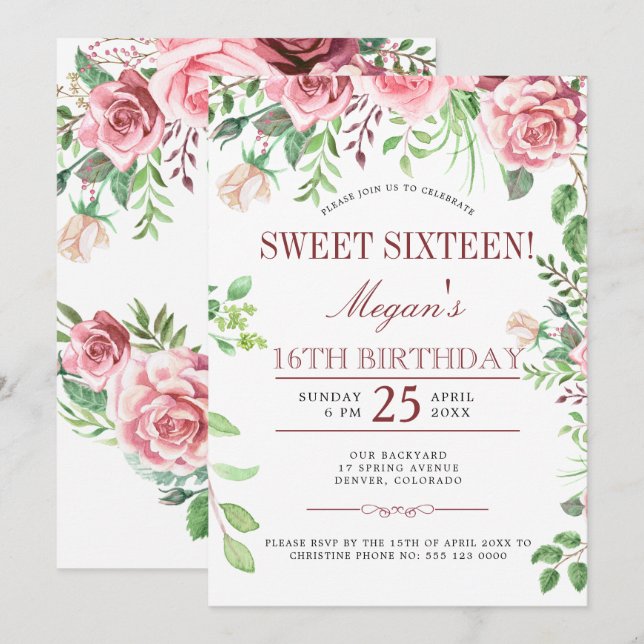 16:e födelsedag Rosa ros Chic Sweet sixteen Party Inbjudningar (Fram/baksida)