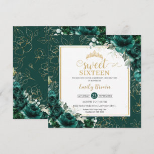 16:e födelsedag Söt 16 Emerald Grönt Blommigt Guld Inbjudningar