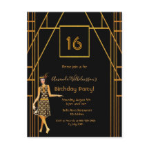 16:e födelsedag svart inbjudan till guld art deco 