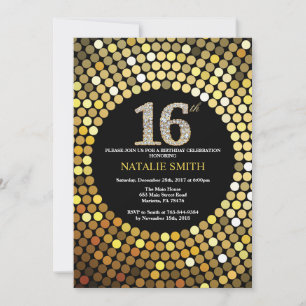 16:e födelsedag: Svarta och Guld Glitter Inbjudningar
