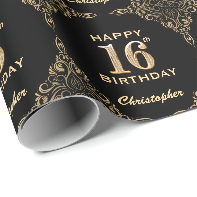 16:e födelsedag Svarta och Guld Glitter Ram Presentpapper (Rullad Hörn)