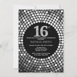 16:e födelsedag: Svarta och Silver Glitter Inbjudningar