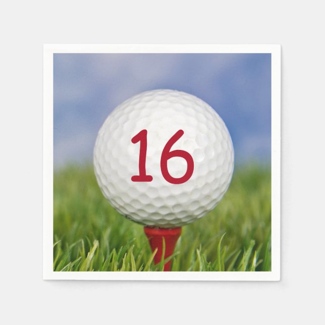 16:e födelsedag vit golf boll på rött papper pappersservett (Framsidan)