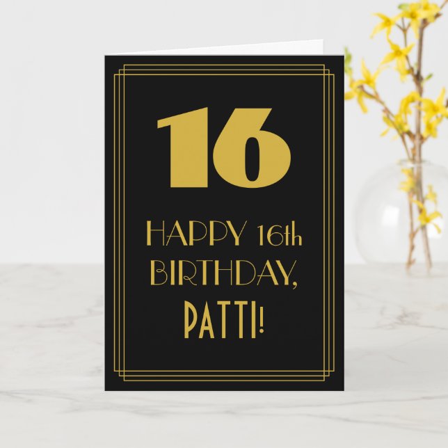 16:e födelsedagen ~ Art Deco Inspired Titta "16" & Kort (Gul blomma)