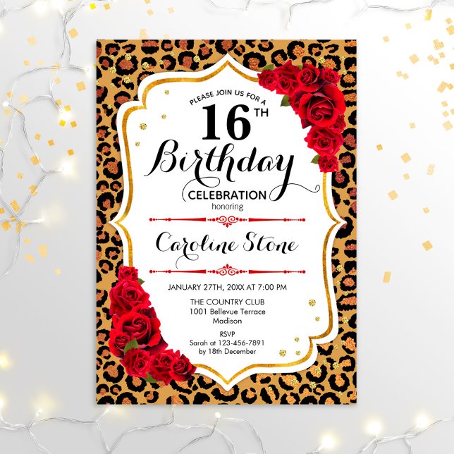 16:e födelsedagen - Guld Red Leopard Print Inbjudningar (Skapare uppladdad)