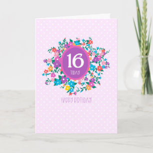 16:e födelsedagen med blommor och Polka dots Kort